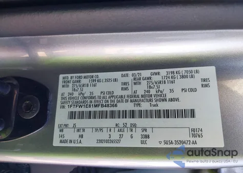 2021 Ford F-150 Lariat из США, поврежденный, VIN 1FTFW1E81MFB48366